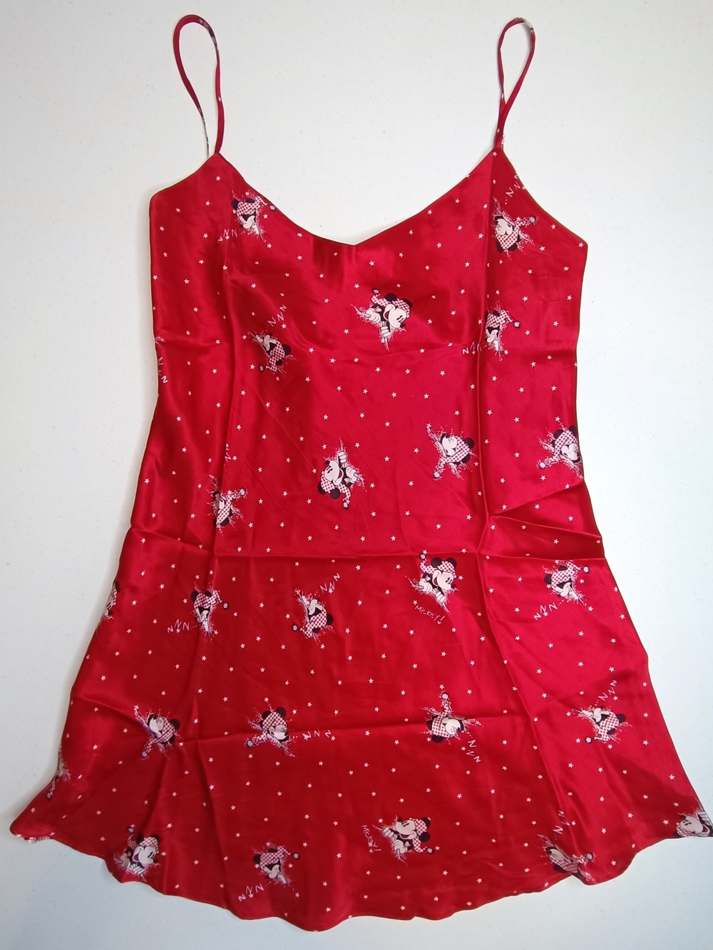 VTG Disney Mickey Mouse 100% Silk Red Star Slip Dress Chemise S